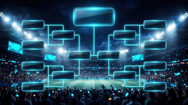Glowing blue tournament bracket overlaying a crowded sports stadium at night.