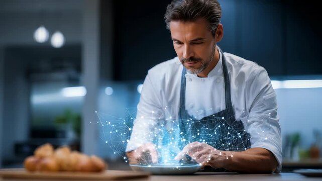 Professional chef in modern kitchen prepares gourmet dish with futuristic digital network overlay, symbolizing culinary innovation. Technology meets gastronomy in creative food presentation