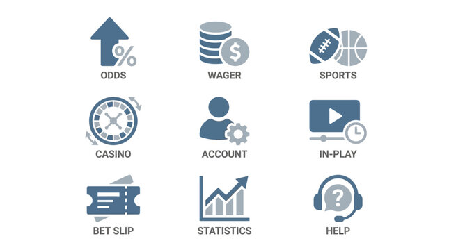 Modern flat vector icon set for online sports wagering, casino gaming, and digital betting platforms, ideal for user interface and application design
