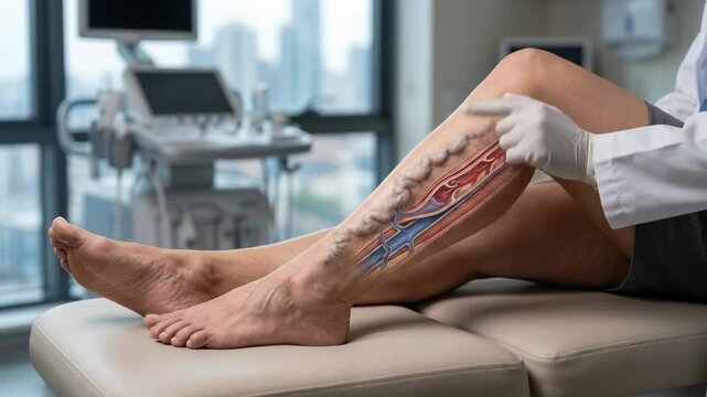 Leg venous health: varicose vein, vascular problem, doctor examine, illustrate anatomy, explain blood, patient consult.