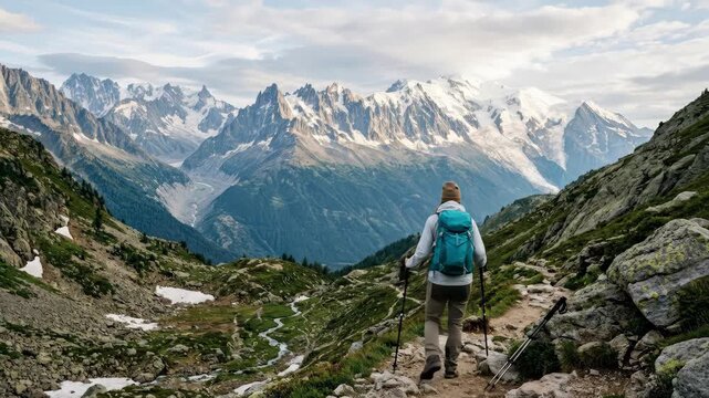 Amazing view on Monte Bianco mountains range with tourist on a foreground. Vallon de Berard Nature Preserve, Chamonix, Graian Alps, premium travel landscape stock photo, scenic depth, natural