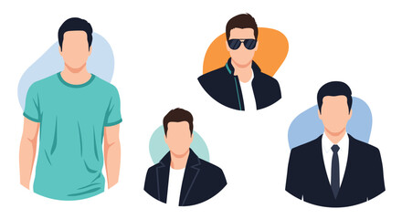 Fototapeta premium Selection of stylish men shown from the waist up wearing different outfits including t-shirts jackets and formal suits.