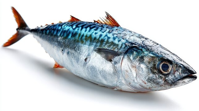 Fresh Whole Mackerel Fish with Silver Skin and Blue Stripes on White