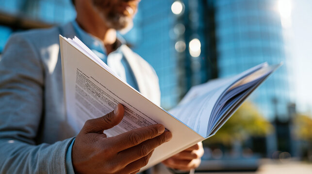 A pair of hands holding a bright professional presentation folder open while standing in a sunlit business plaza the folder's printed content crisp in the direct daylight