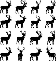 Obraz premium Detailed set of deer silhouettes in various standing and alert poses for hunting logos