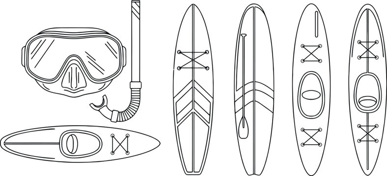 Set of water sports equipment including snorkeling mask and kayaks