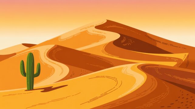 Vibrant cartoon desert illustration featuring rolling sand dunes and green cactus