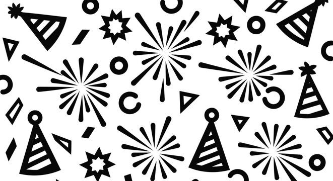 Seamless pattern with party hats, fireworks and confetti isolated on white background