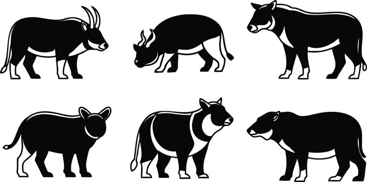 Set of silhouettes of various wild animals isolated on white background