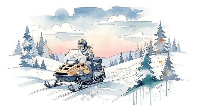 Snowmobiling in winter landscape