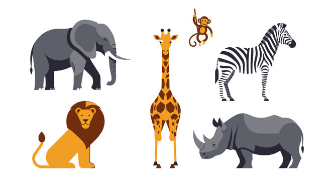 Cartoon animals collection elephant zebra giraffe lion monkey rhinoceros