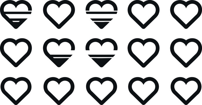 Set of heart icons with different fill levels isolated on white background