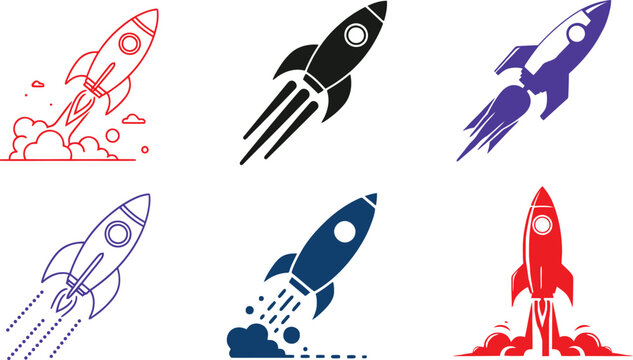 Set of rocket icons, space shuttle launch, vector illustration