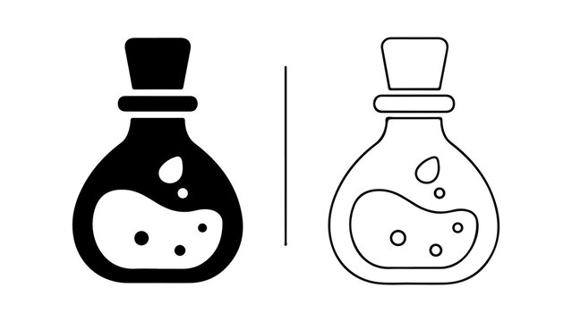 Magic Potion Bottle Silhouette and Outline Icon Set