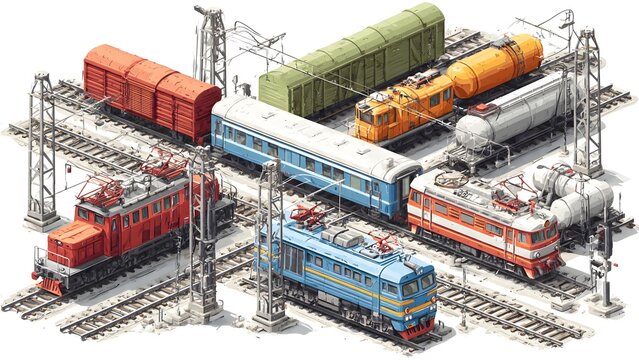 Colorful Freight Trains on Railway Tracks with Overhead Electric Wires.