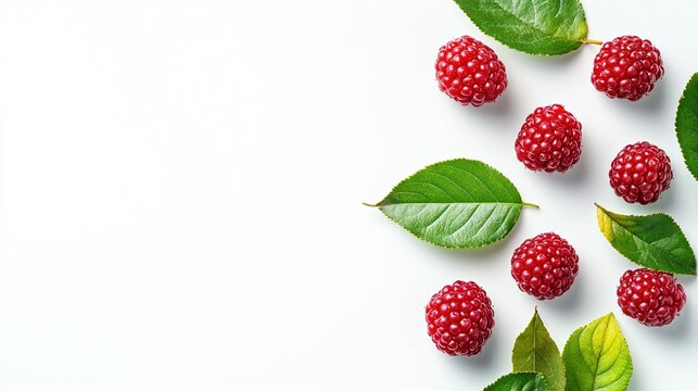 Fresh red raspberries with green leaves on a clean white background, vibrant, natural composition ideal for food photography, healthy eating concepts, recipe layouts, or fresh produce marketing.