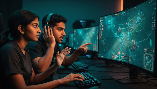 Competitive esports players wearing headsets intensely focusing on colorful monitors while participating in a professional multiplayer video game tournament in a dark cyber arena