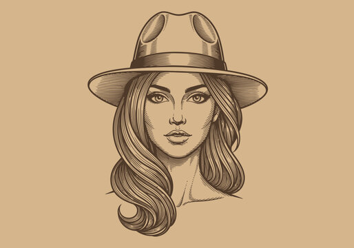 Vintage engraving of woman wearing stylish fedora hat