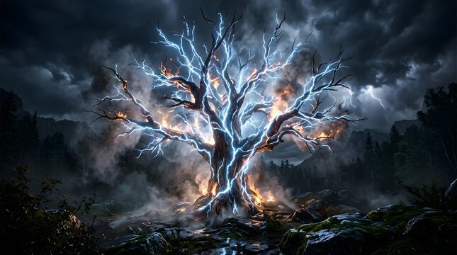 Glowing electric lightning tree with bright blue sparks on a dark night background
