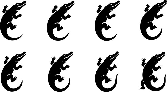 Set of alligator silhouettes in various active poses for reptilian graphic design and swamp wildlife projects