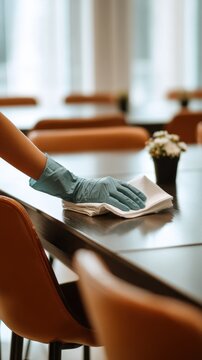 Professional cleaning service wiping down a table in restaurant or office setting. Gloved hand meticulously cleans table surface with white cloth, ensuring hygiene and cleanliness in commercial space