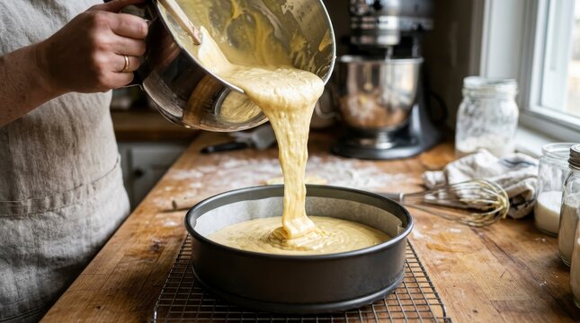 Pouring Cake Batter into Baking Pan - Culinary Process in Kitchen.
