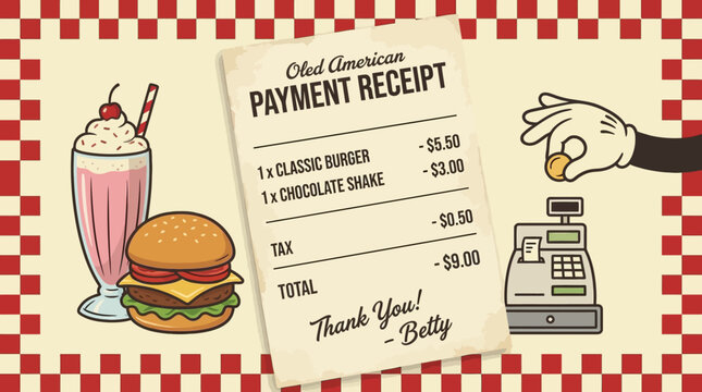 Retro American diner receipt collage with a classic burger, strawberry milkshake, and a vintage cash register