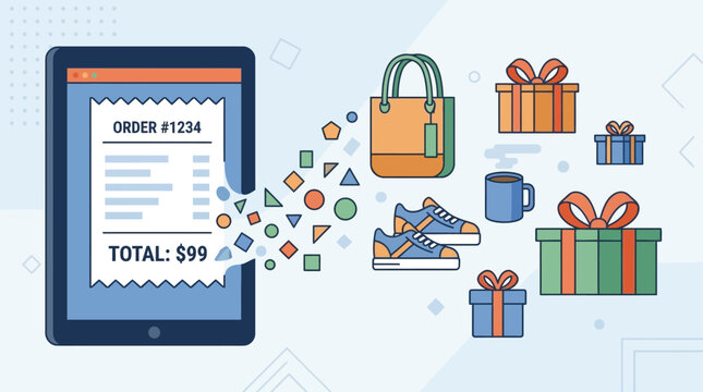 Digital receipt transforming into various purchased items, illustrating the seamless online shopping and e-commerce experience from order to product delivery