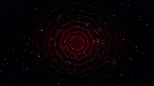 Futuristic motion graphics background featuring glowing red and blue neon geometric lines forming an infinite tunnel vortex.