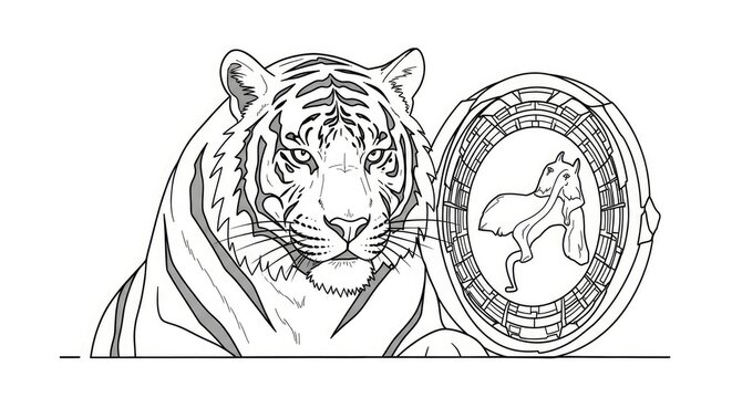 Tiger looking into a mirror reflecting a wolf, concept of inner self, transformation, duality, powerful animal totem illustration