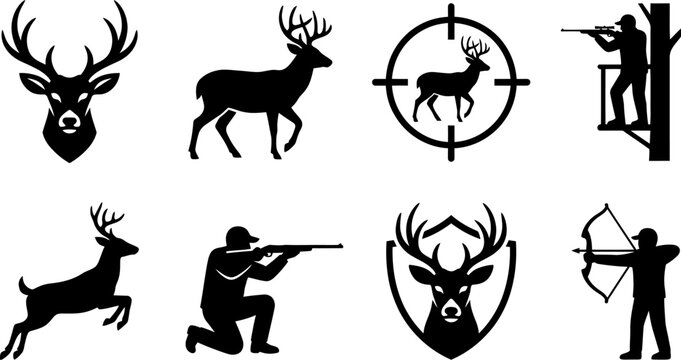 Collection of professional deer hunting silhouettes displaying hunters with rifles and bows for outdoor graphic design