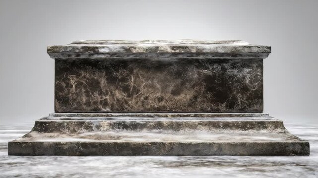 Ancient stone pedestal with weathered texture stands isolated on a neutral background, evoking a sense of history and timelessness. Perfect for showcasing objects or digital art