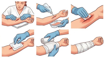 Naklejka na ściany i meble Person treats a wound on an arm using medical supplies in a workplace setting. Steps include cleaning, applying a dressing, and securing the bandage.