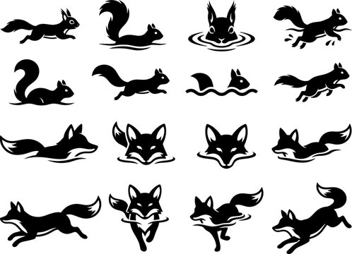 Diverse set of fox and squirrel silhouettes showing swimming jumping and active movements in vector style