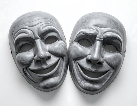 Comedy and tragedy theater masks sculpture on white background minimalist gray tone