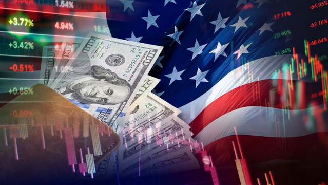 United States financial market trends and economy data are represented by a wallet with US dollar banknotes and stock exchange candlestick charts, superimposed on the flag of the United States.