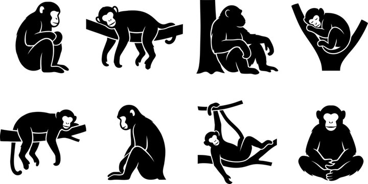 Stylized monkey silhouettes in various circular curled poses isolated on white background for logo design