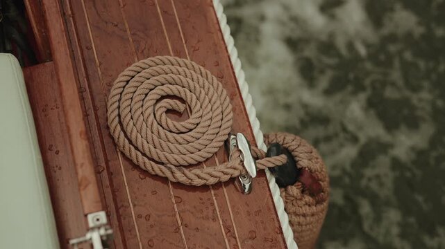 Thick natural hemp rope coiled in spiral on varnished wooden boat deck secured to chrome cleat