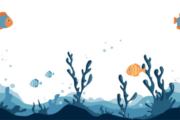 Obraz premium The ocean floor is filled with waves, corals and algae, and the seamless border is hand-painted. Vector illustration. Waves and the seabed and fish, drawing is isolated on a white background ocean Day