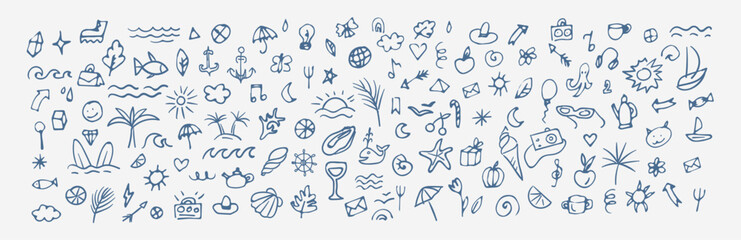 Fototapeta premium Set of hand drawn naive summer doodle. Travel and beach vector illustration. Tropical coastal design