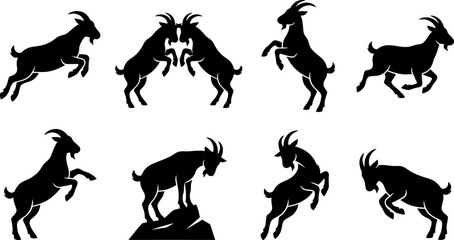 Collection of black goat silhouettes in dynamic jumping and fighting poses for farm and mountain wildlife art © Vecto_Pixels