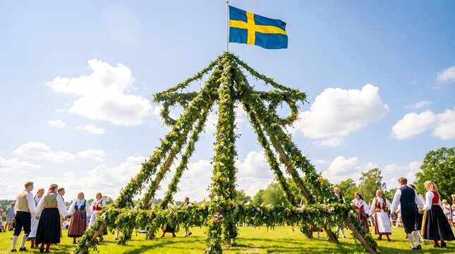 People celebrating midsummer with maypole dancing and Swedish flag on a sunny day outdoors.