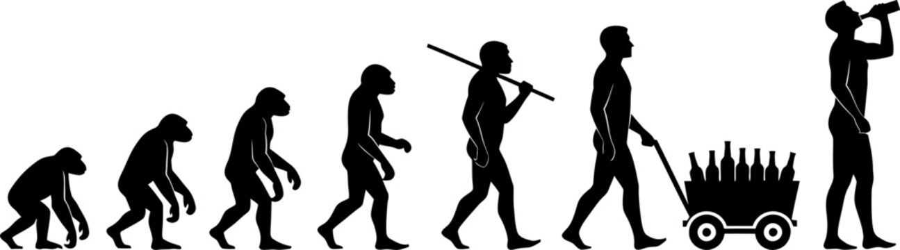 Conceptual evolution of man silhouette showing development from primate to modern human carrying beverages