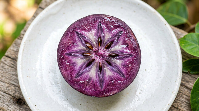 Sliced purple star apple fruit cross section showing star shaped core on white plate