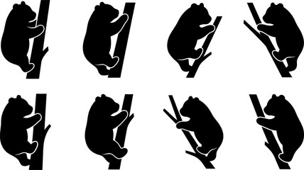 Collection of black panda silhouettes climbing on branches for nature themed graphic design and animal illustrations © Vecto_Pixels