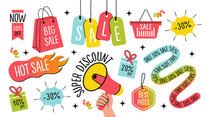 Obraz premium Sale promotion stickers. Template banner shopping badges. Special offer, sale, discount, price tag, shop, black friday. Vector illustration.