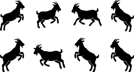 Naklejka premium Set of black goat silhouettes in jumping and active poses for farm animal themed graphic design and print media