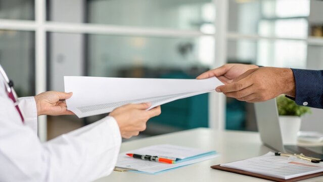 A doctor in a white coat hands medical documents to a patient in a suit across a desk with a clipboard and pen visible.