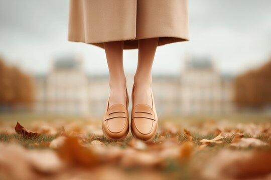 Woman leg wearing beige loafer shoe on autumn leaf. Female in classic beige trench coat walking outdoor on fall leaves. Blurred university campus building in background