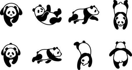Variety of eight panda bear silhouette icons in playful and relaxed poses isolated on a stark white background vector © Vecto_Pixels